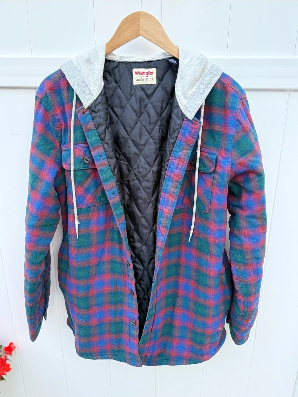 Vintage Wrangler Quilted Hooded Plaid Shacket in Blue, Green, Red